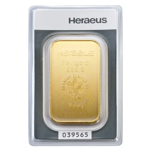 Heraeus 100g gold bar in blister packaging – premium quality investment product