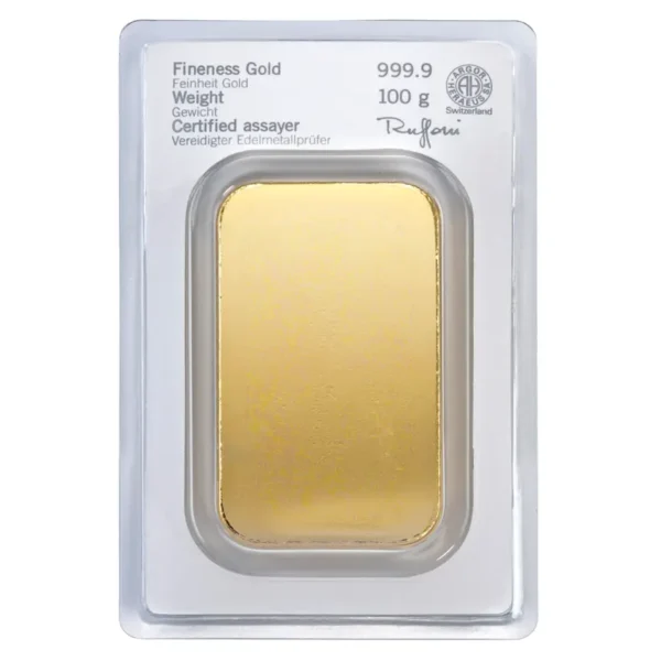 Heraeus 100g gold bar in blister packaging (back view) – premium quality investment product