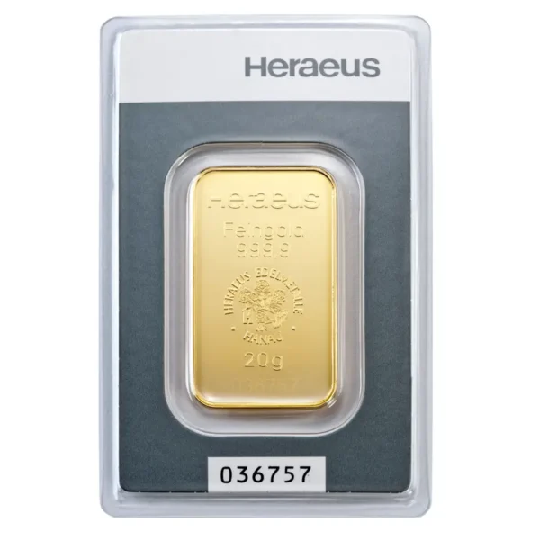 Златно кюлче Heraeus от 20 грама в блистерна опаковка – висококачествен инвестиционен продукт