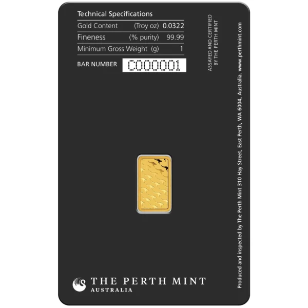 The Perth Mint 1 gram gold bar in blister packaging (back view) – premium quality investment product