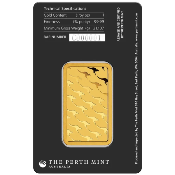 Златно кюлче The Perth Mint от 1 унция в блистерна опаковка (гръб) – висококачествен инвестиционен продукт