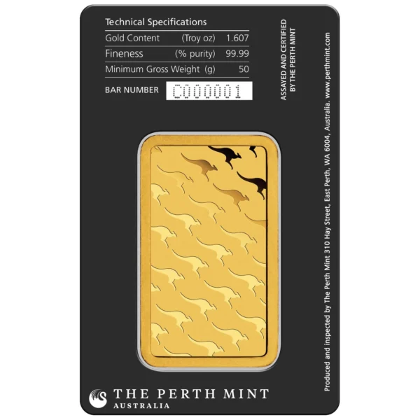 Златно кюлче The Perth Mint от 50 грама, опаковано в блистер (гръб) – висококачествен инвестиционен продукт