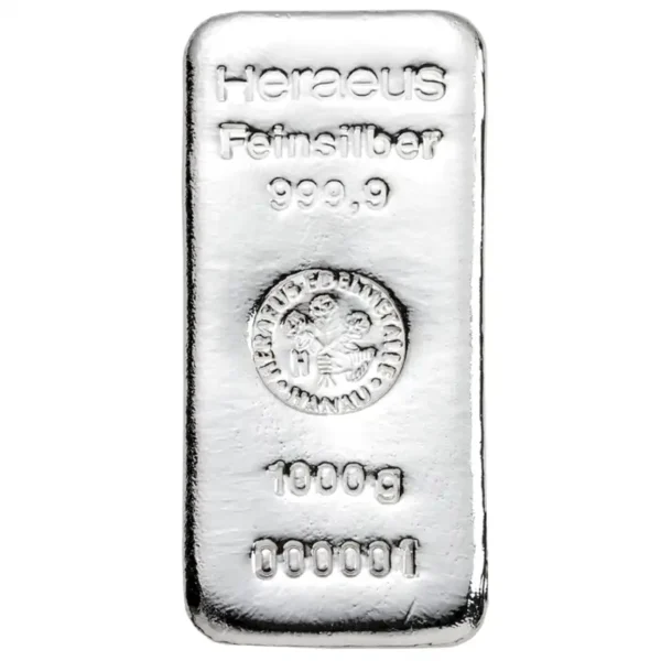 1 килограм сребърно кюлче Heraeus отлято с чистота 999,9