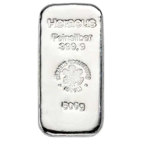500 грама сребърно кюлче Heraeus отлято