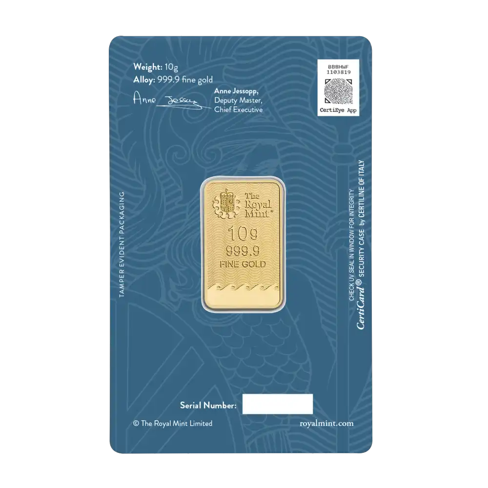Златно кюлче Britannia 10 г – лицева страна от The Royal Mint Златно кюлче Britannia 10 грама The Royal Mint – лицева страна