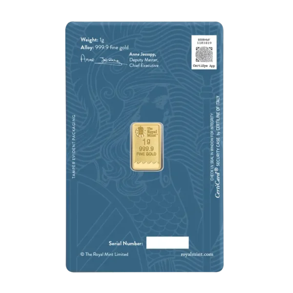 Златно кюлче Britannia 1 грам The Royal Mint – лицева страна в блистер със сертификат