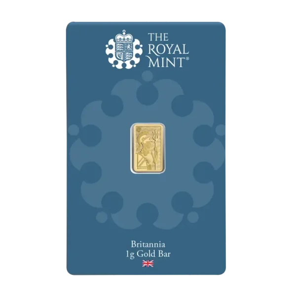 Златно кюлче Britannia 1 грам The Royal Mint – обратна страна в блистер със сертификат