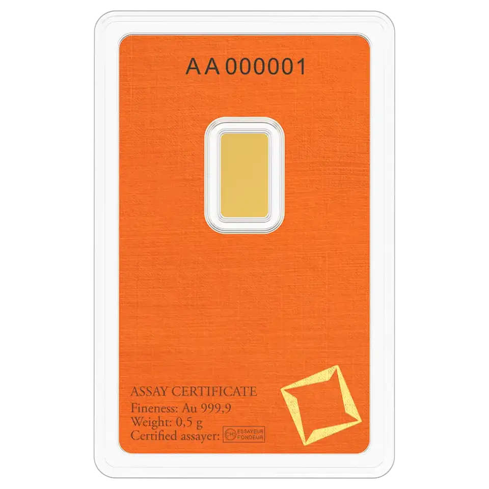 Back side of Valcambi 0.5 gram gold bar – 999.9 fine investment gold Valcambi 0.5 gram gold bar – back side, 999.9 fine investment gold