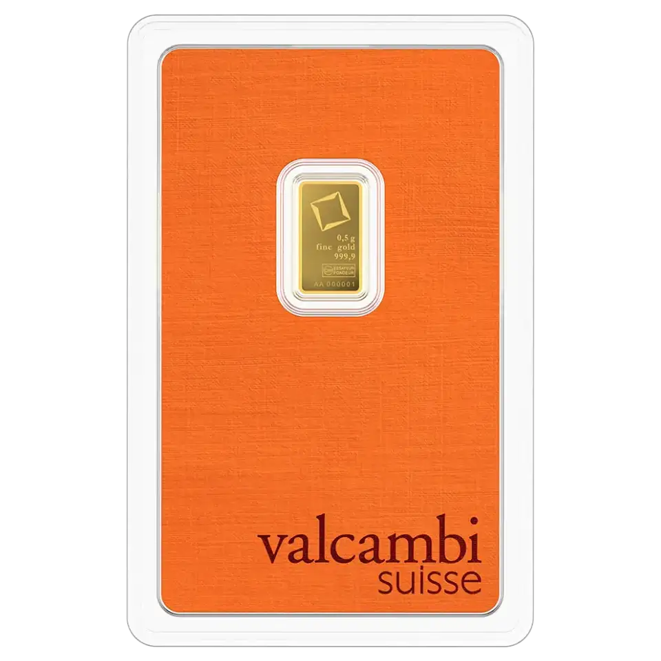 Valcambi 0.5 gram gold bar – front side, 999.9 fine investment gold
