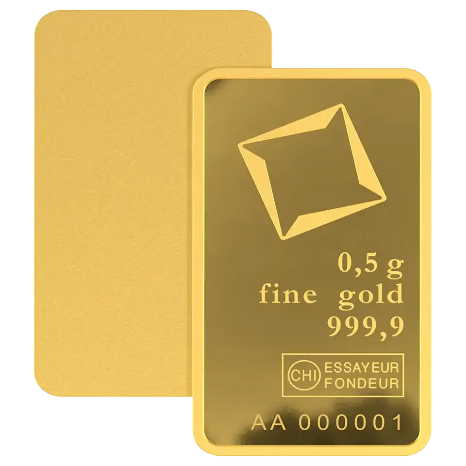 Front side of Valcambi 0.5 gram gold bar – pure 999.9 fine investment gold Valcambi 0.5 gram gold bar – front side, pure 999.9 investment gold