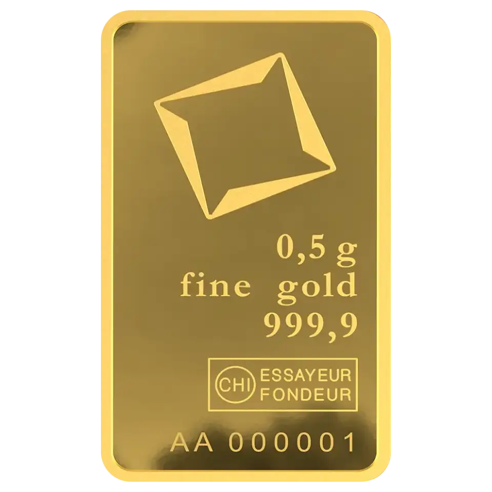 Front side of Valcambi 0.5 gram gold bar – 999.9 fine investment gold Valcambi 0.5 gram gold bar – front side, 999.9 fine investment gold