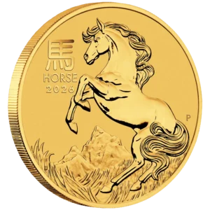 2026 Lunar Series III Year of the Horse gold bullion coin on edge view, fine gold investment coin