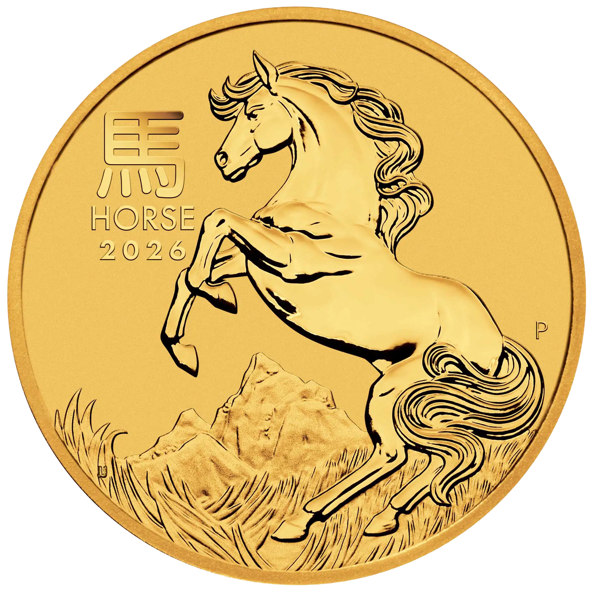 2026 Lunar Series III Year of the Horse Gold Bullion Coin – Straight-On View 2026 Lunar Series III Year of the Horse gold bullion coin straight-on view, fine gold investment coin