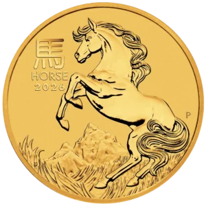 2026 златна инвестиционна монета Лунарна серия III Година на Коня, изглед отпред, чисто злато