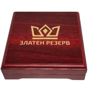 Дървена червена кутия Златен Резерв за съхранение на монети в капсули изглед от върн брандирана