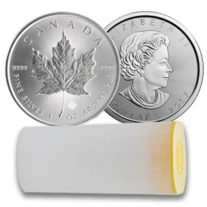 2017 Canadian Maple Leaf silver coin tube containing 25 one-ounce investment coins
