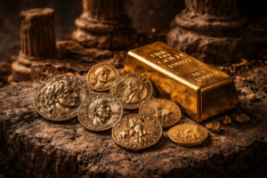 Древни златни монети и златно кюлче върху каменни руини с драматично осветление