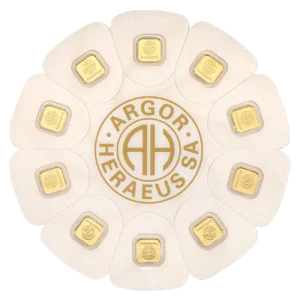 10 x 1 gram Argor-Heraeus Goldseed gold bars front side Swiss LBMA investment gold