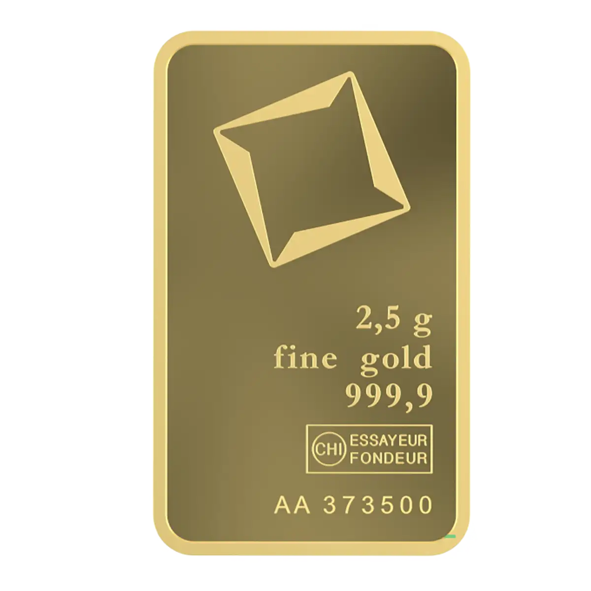 Valcambi 2.5г Златно Кюлче 999.9 — Лице (Без Опаковка) | Златен Резерв Valcambi 2.5г кюлче злато 999.9 — лице показващо тегло, чистота и марка на рафинерията, без опаковка