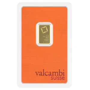 Valcambi 2.5г кюлче злато 999.9 — лице, запечатано в блистер със сертификат за автентичност