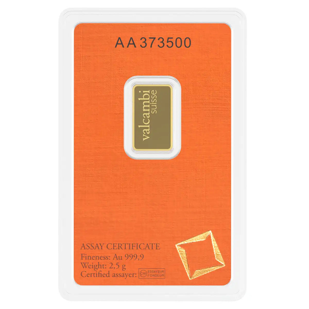 Valcambi 2.5г Златно Кюлче 999.9 — Гръб (Опаковано) | Златен Резерв Valcambi 2.5г кюлче злато 999.9 — гръб, запечатано в блистер със сертификат за автентичност