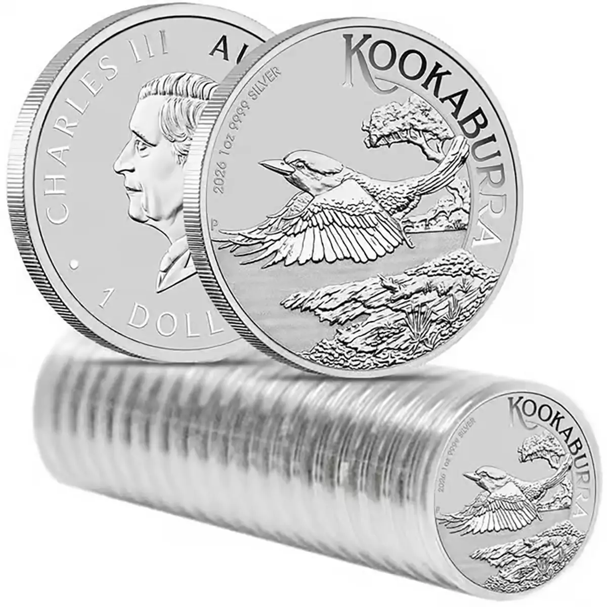 1 oz Australian Kookaburra silver coin 2026 with King Charles III portrait, stacked bullion coins from Perth Mint