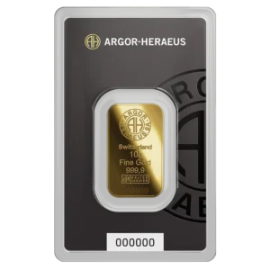 Argor-Heraeus 10g fine gold bar 999.9 in sealed blister pack, front view