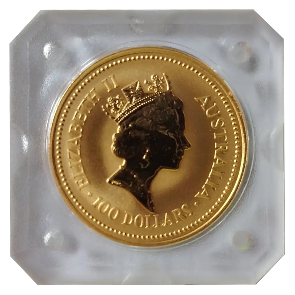 Лице на австралийска златна монета Kangaroo Nugget 1 oz с портрет на кралица Елизабет II и номинална стойност 100 австралийски долара. Австралийска златна монета Kangaroo Nugget 1 oz – кралица Елизабет II