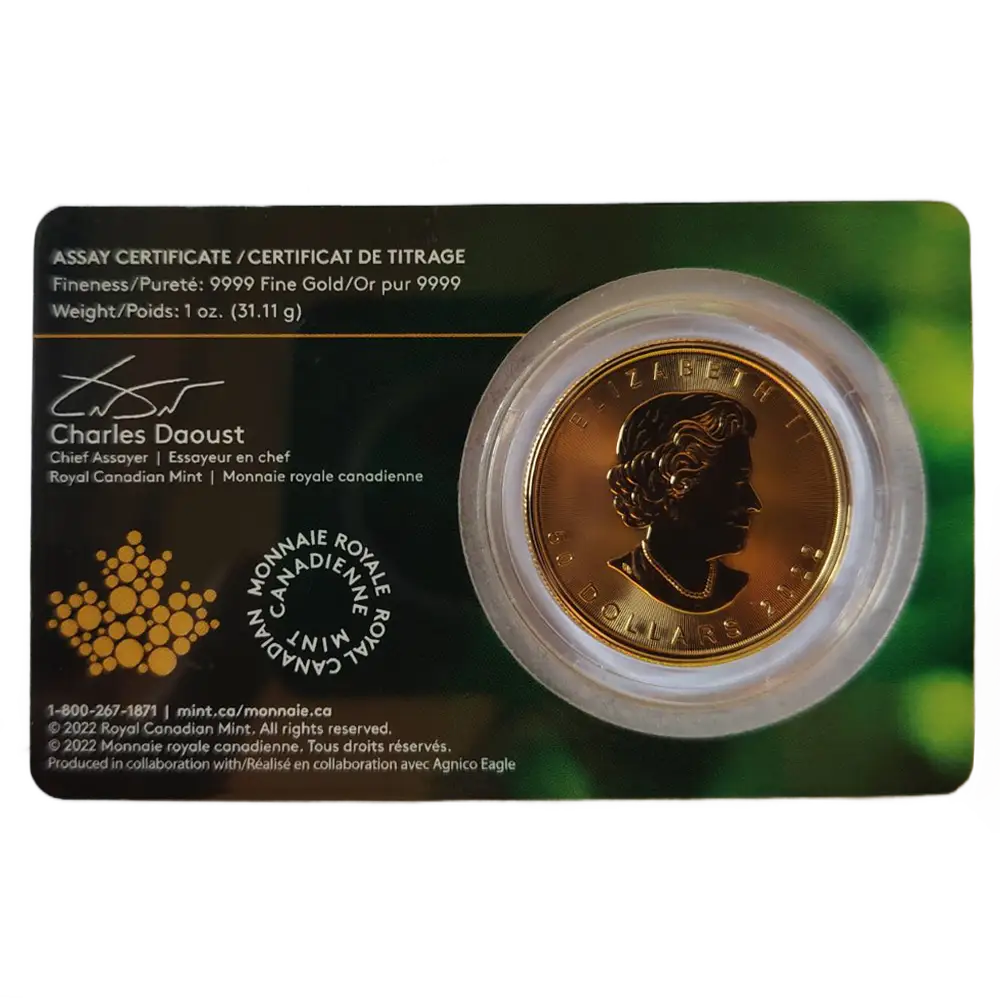 Обратна страна на картата със сертификат на 1 oz златна монета Maple Leaf на Royal Canadian Mint, с посочени проба 9999, тегло 1 oz и портрет на кралица Елизабет II. Сертификат за 1 oz златна монета Maple Leaf на Royal Canadian Mint – Meliadine Mine
